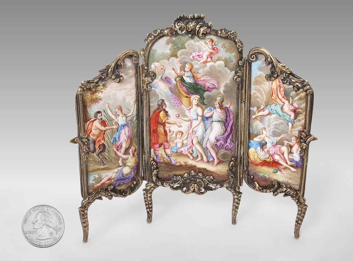 Appraisal: VIENNESE PARCEL GILT SILVER ENAMEL MINIATURE TRIFOLD SCREEN Each panel