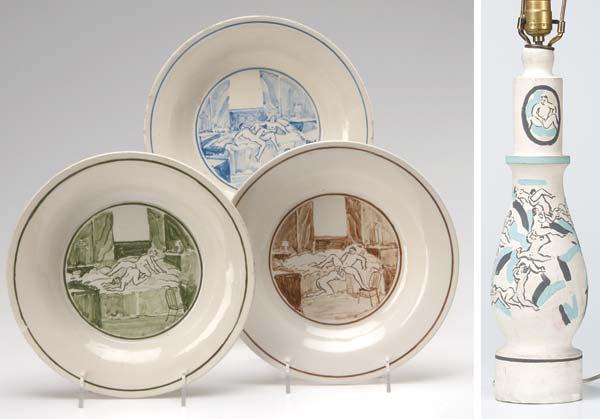 Appraisal: GEORGE SCHNEEMAN American b Sixteen ceramic plates and one lamp