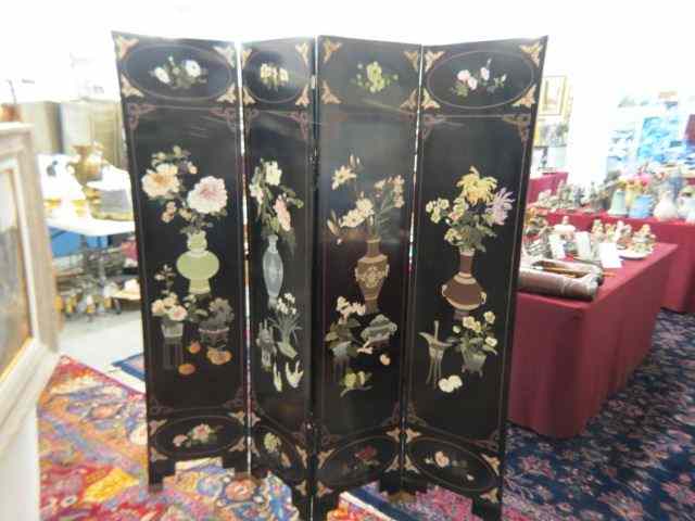 Appraisal: Chinese Lacquerware Screen four panel carved florals and objects '