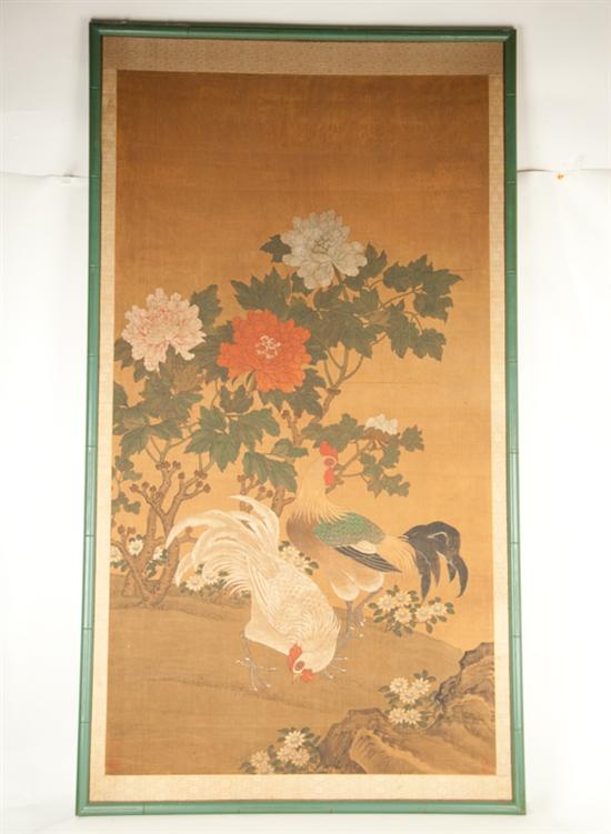 Appraisal: Early Japanese Scroll of Two Cocks Framed H W