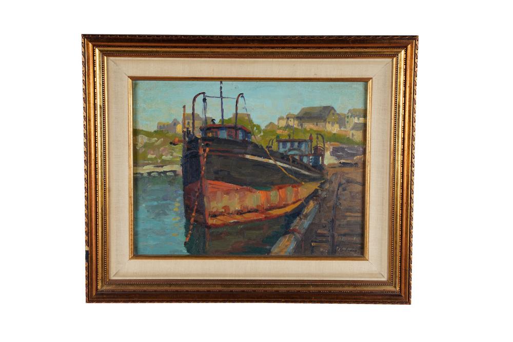 Appraisal: FERDINAND KAUFMANN DOCKED BOAT oil on canvas board signed lower