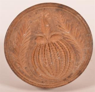 Appraisal: th C Deep Carved Wooden Butter Print with Unusual Fruit