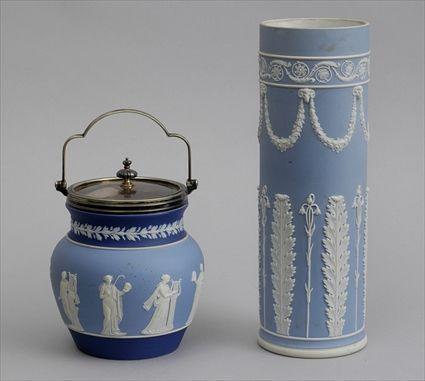 Appraisal: WEDGWOOD BLUE JASPERWARE VASE AND A CRACKER JAR Impressed Wedgwood