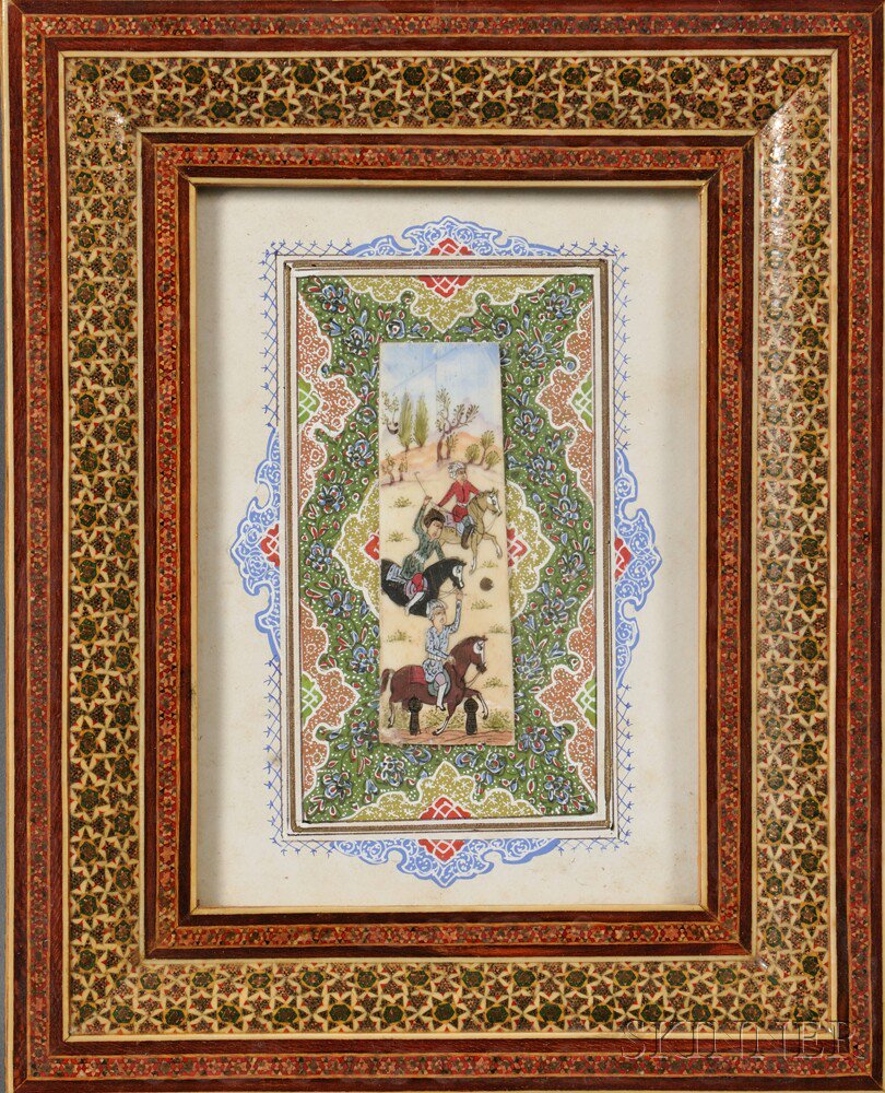 Appraisal: Two Framed Plaques Iran a hunting scene painted on bone