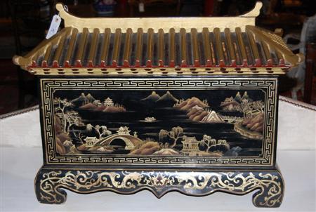 Appraisal: CHINESE LACQUERED PAVILION FORM BOX TH CENTURY with ridged pavilion