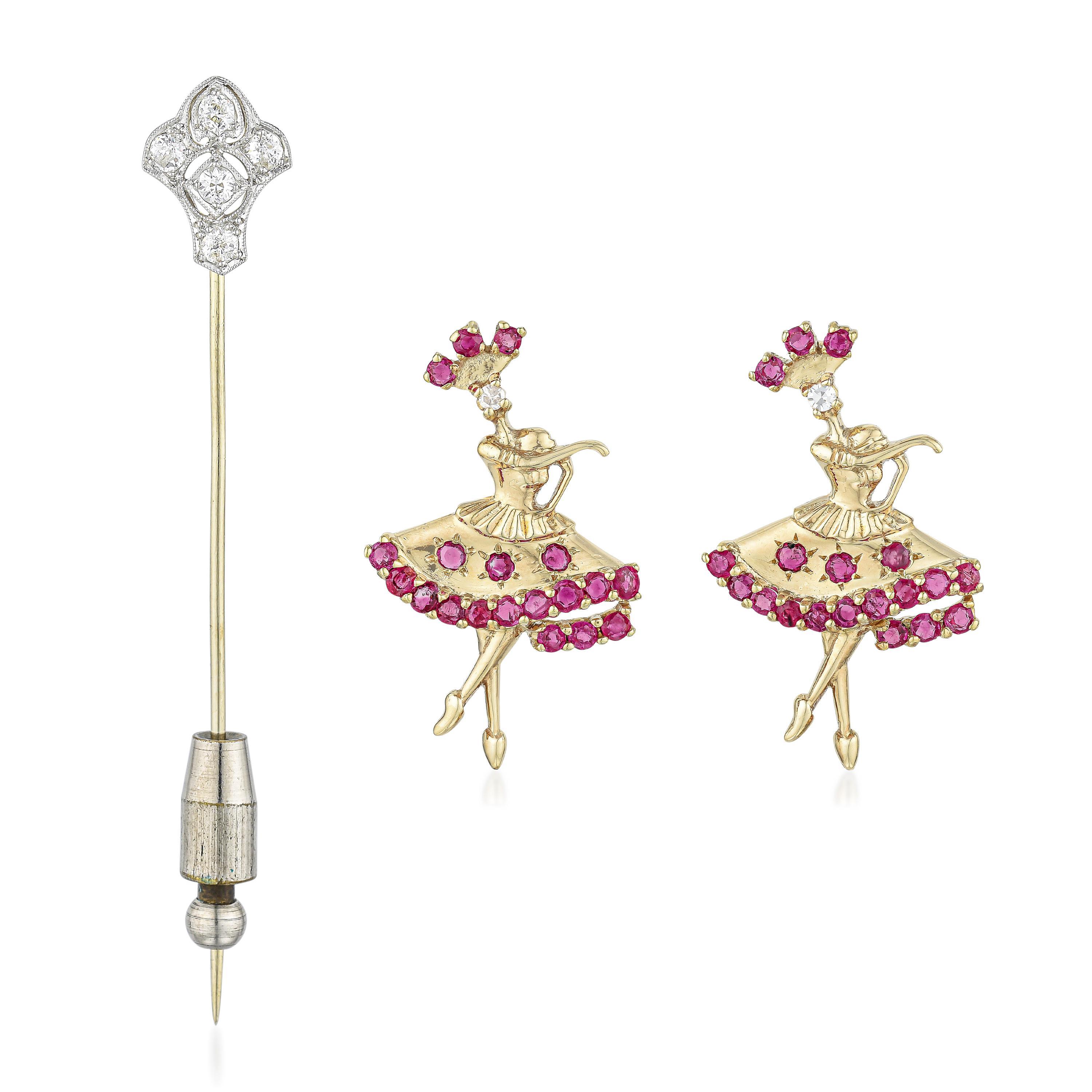 Appraisal: TWO RUBY BALLERINA PINS AND DIAMOND STICK PIN METAL platinum