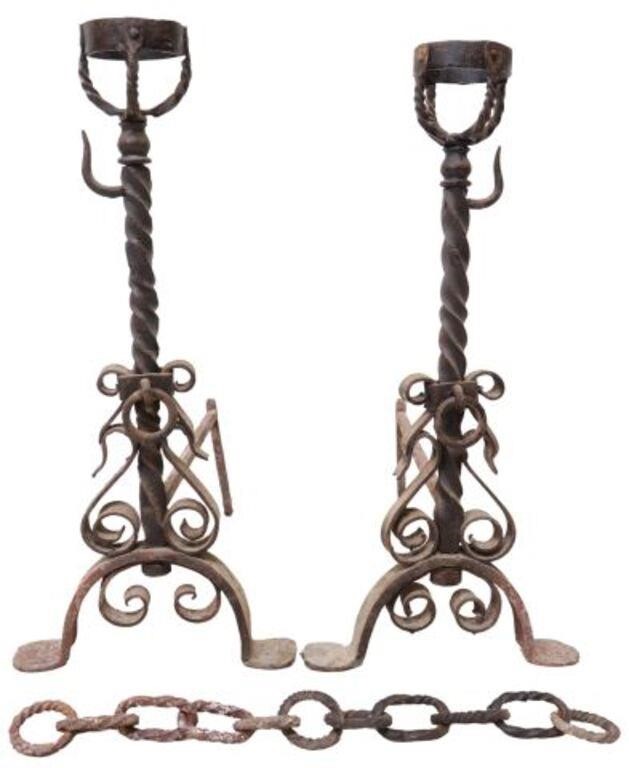 Appraisal: pair Spanish iron andirons th th c peat basket over