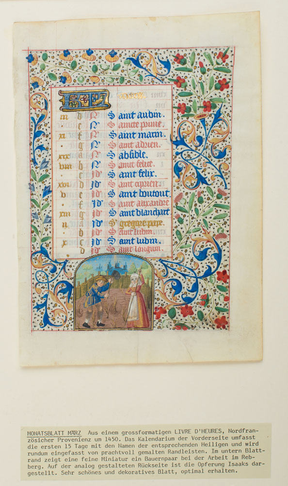 Appraisal: GERMAN SCHOOL BOOK OF HOURS Illuminated manuscript page double-sided gouache