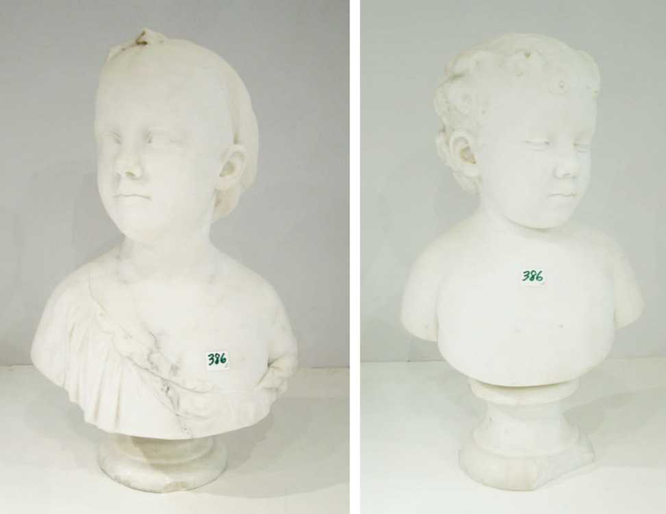 Appraisal: TWO WHITE MARBLE BUSTS Italian c brother sister each an