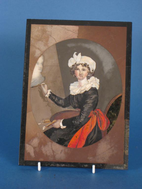 Appraisal: A hardstone mosaic Portrait depicting a seated female artist x