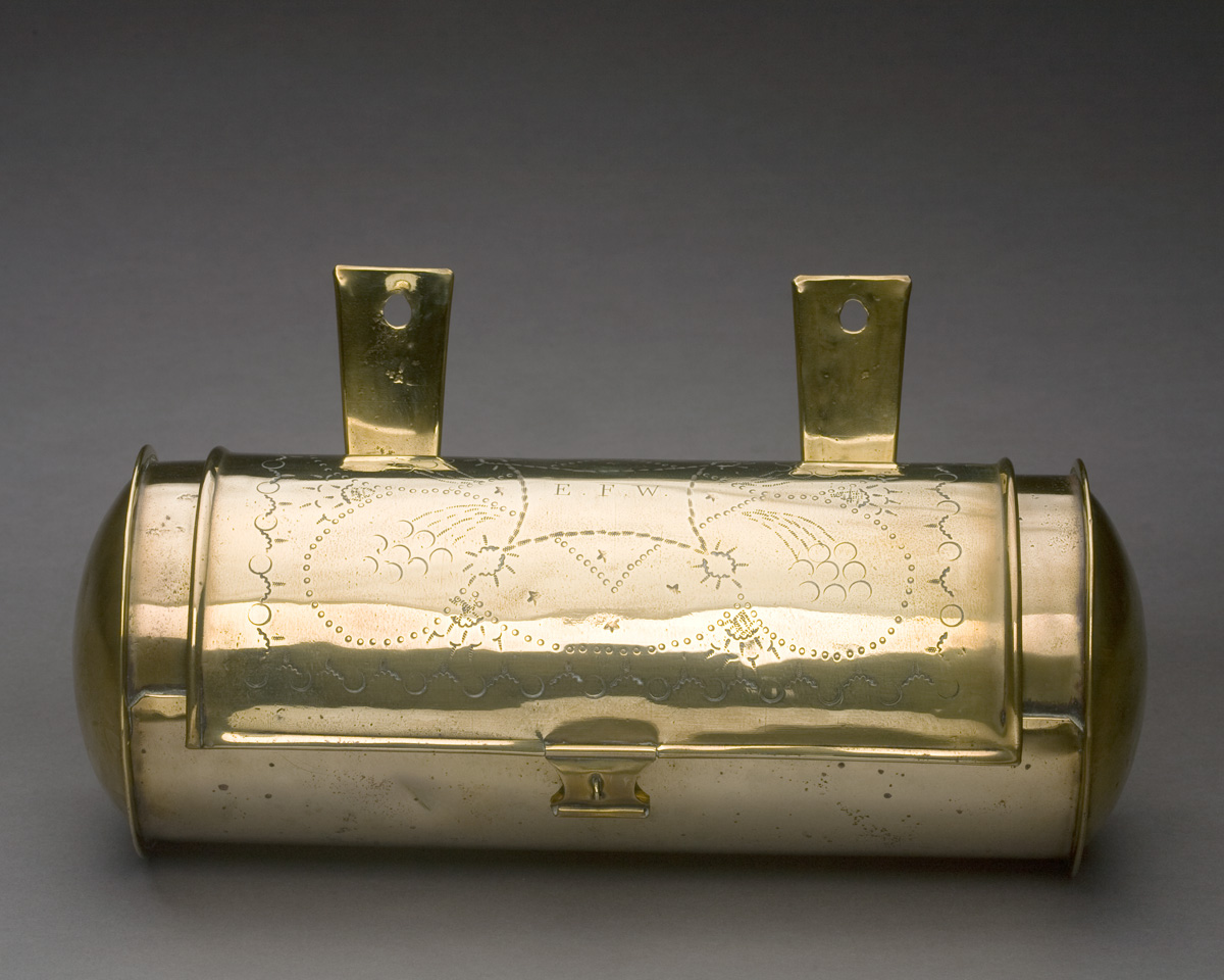 Appraisal: AMERICAN BRASS PUNCH WORK-DECORATED CANDLE BOX CIRCA - Of cylindrical