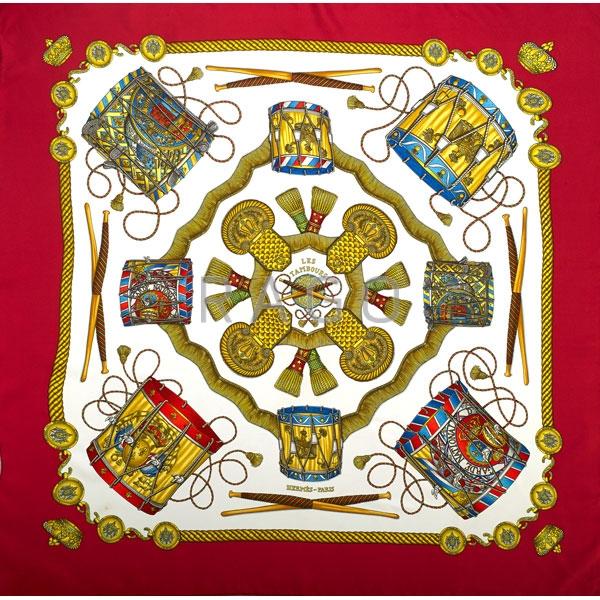 Appraisal: HERMES RED AND WHITE LES TAMBOURS SILK SCARF Condition Report