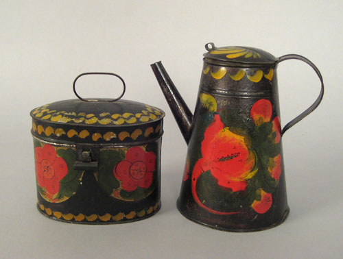 Appraisal: Tole coffee pot and lidded canister th c each with