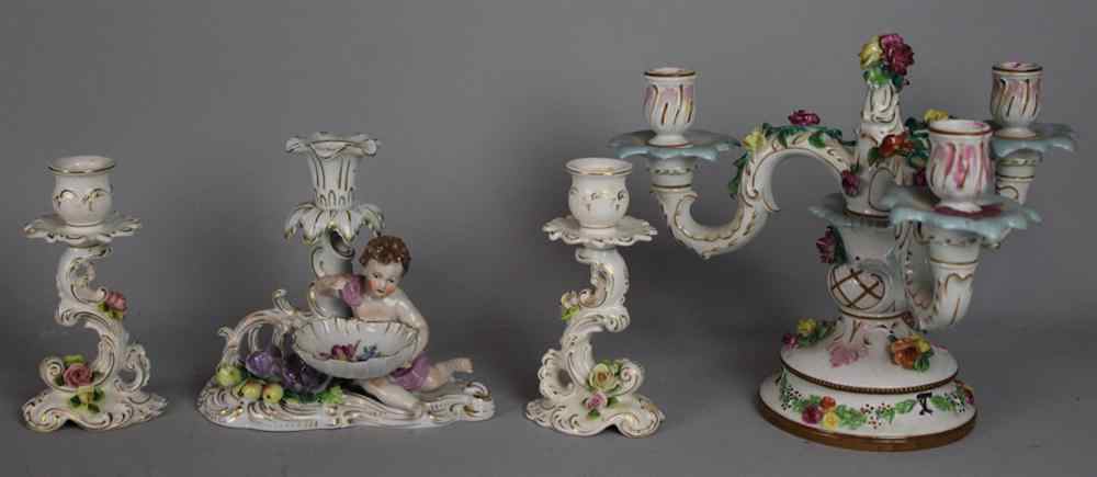 Appraisal: CONTINENTAL PORCELAIN THREE BRANCH CANDELABRUM late th century Thuringian the