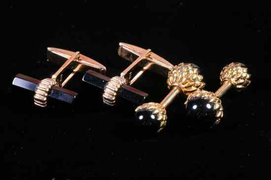 Appraisal: TWO PAIRS K YELLOW GOLD AND BLACK ONYX CUFFLINKS One