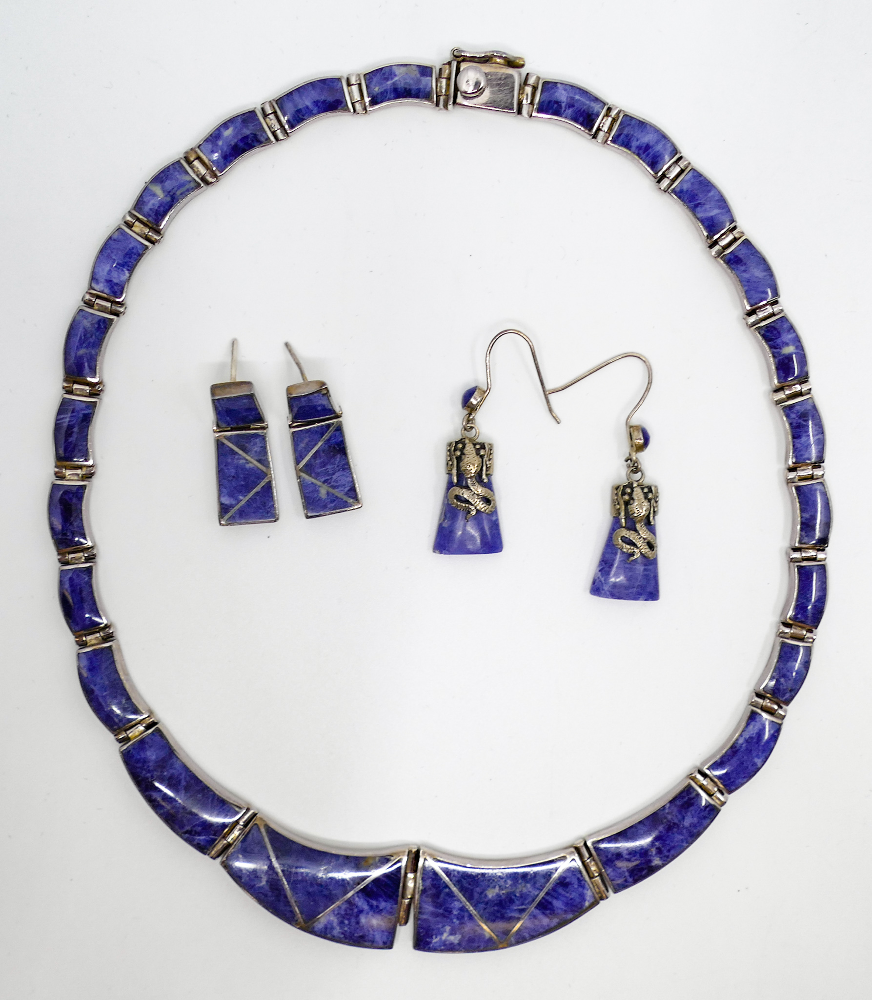 Appraisal: Lapis Sterling Choker Necklace and Earrings Suite - Grams TW