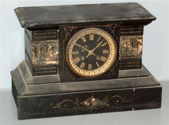 Appraisal: Black slate and marble twin-train mantel clock the black enamelled