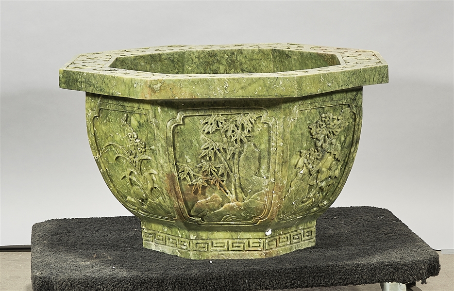 Appraisal: Chinese carved green hardstone octagonal jardiniere with floral scenes in