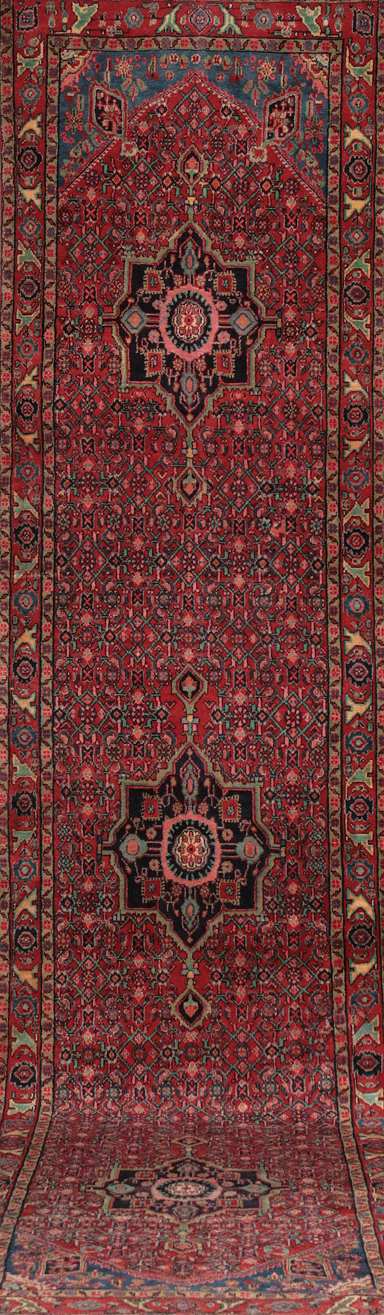 Appraisal: Hamadan Corridor Rug Post Red ground with millefleur field centering