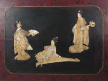 Appraisal: A Japanese panel of three geishas entertaining in fainely carved