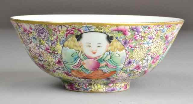 Appraisal: Chinese Famille Rose Porcelain Mille Fleur BowlFinely painted with four