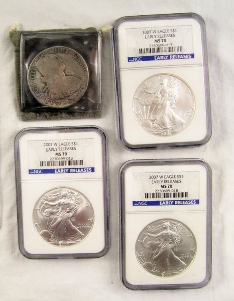 Appraisal: - Silver Eagles and - Spanish Coin Lot includes -