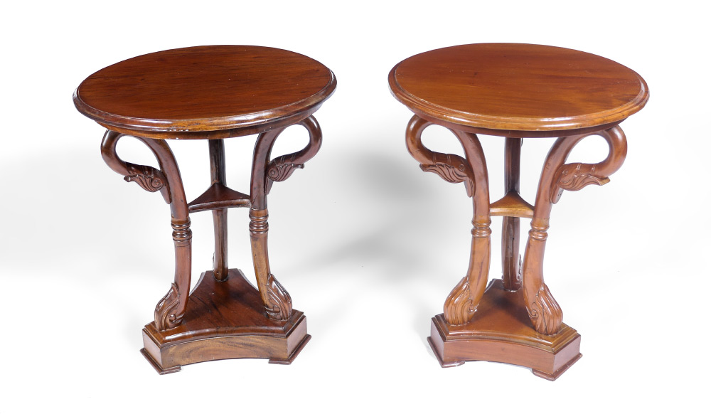 Appraisal: MAHOGANY FIGURAL SWAN SIDE TABLES similar but not identical tables