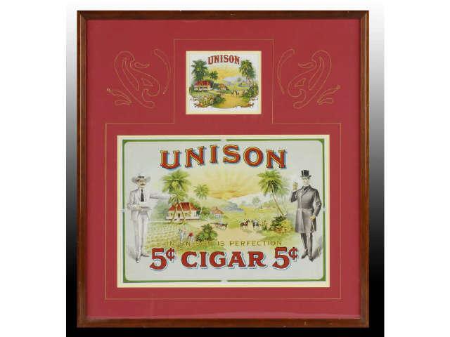 Appraisal: Unison Cigars Box Label Paper Sign Description Matted and framed