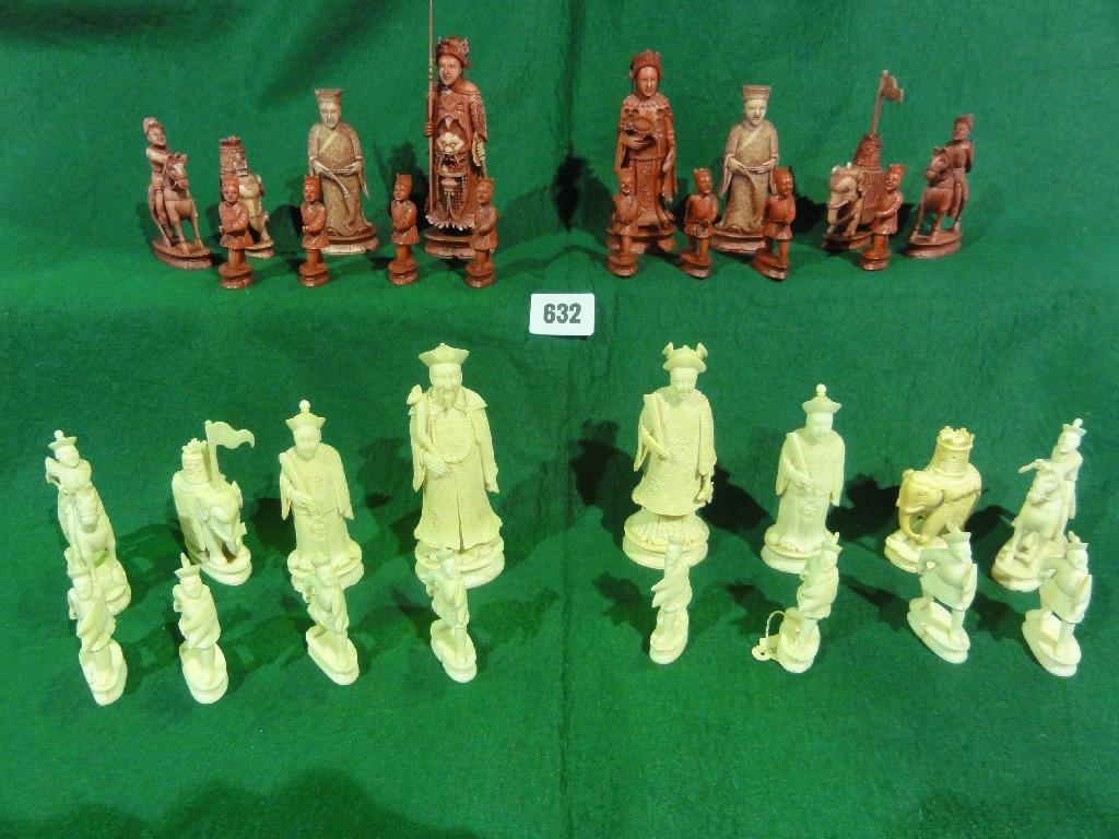 Appraisal: An intricately carved late th century Chinese ivory chess set