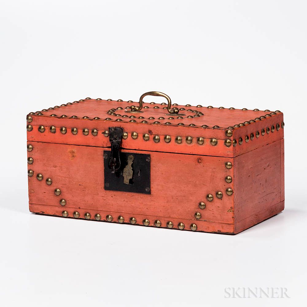 Appraisal: Salmon-painted and Tack-decorated Pine Document Box Salmon-painted and Tack-decorated Pine