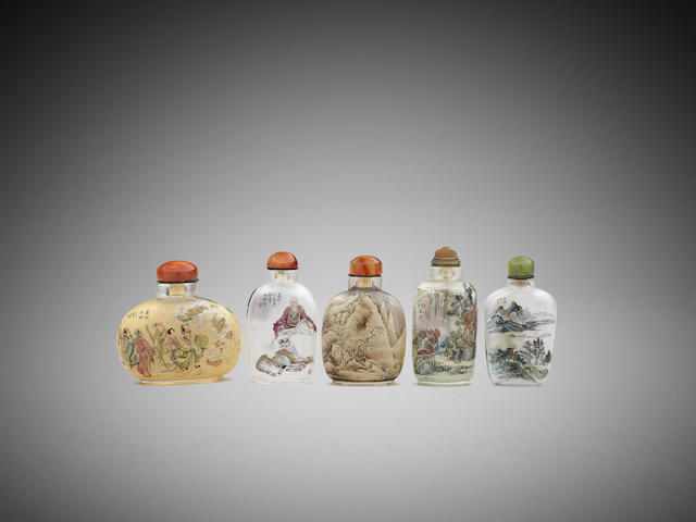 Appraisal: Five Chinese inside-painted snuff bottles Various artists painted between and