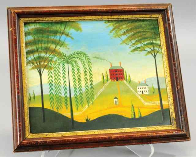 Appraisal: FOLK ART PAINTING ON BOARD Boston paper label on reverse