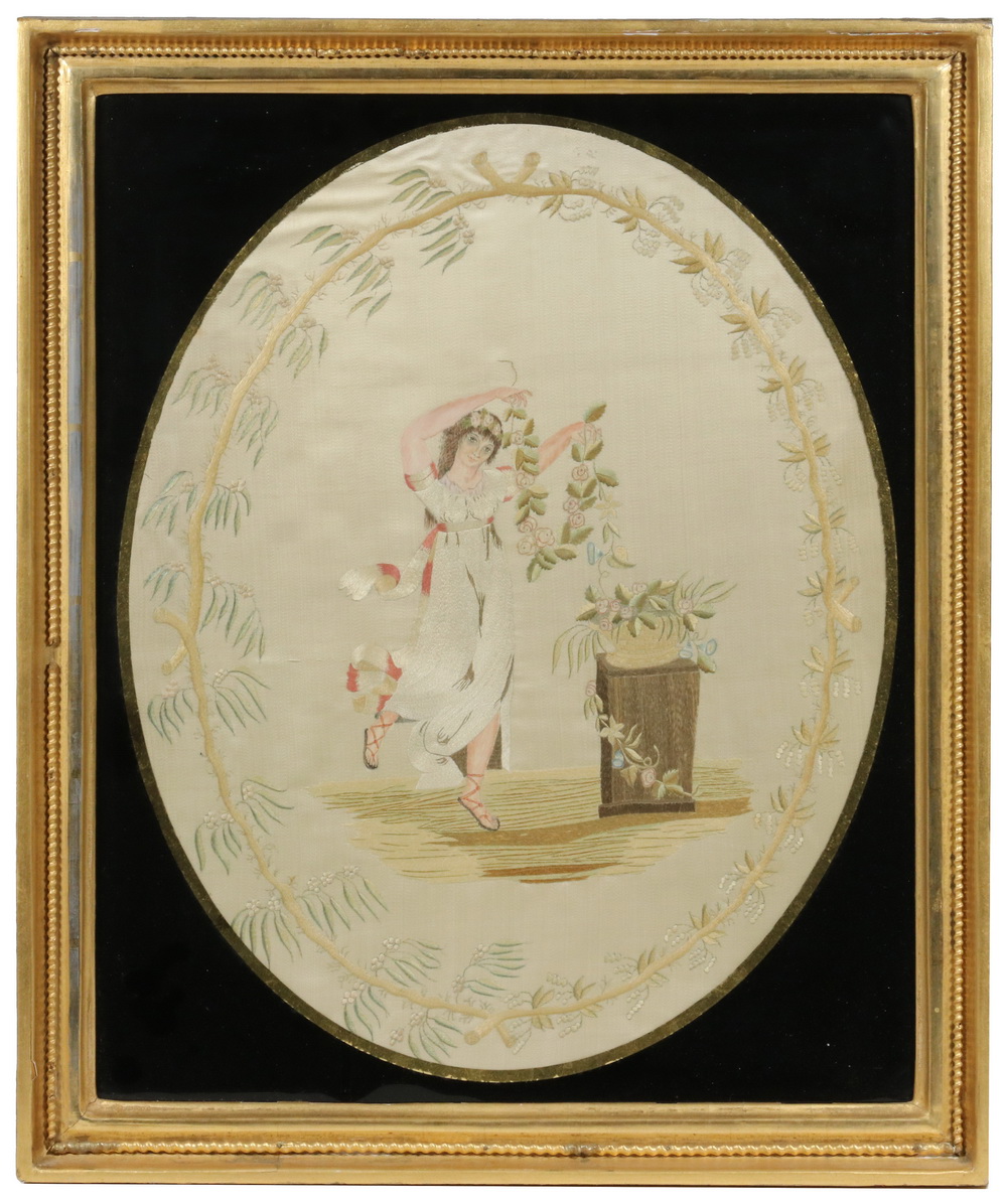 Appraisal: FRAMED FEDERAL PERIOD SCHOOL GIRL SILKWORK PANEL Circa Classical Revival