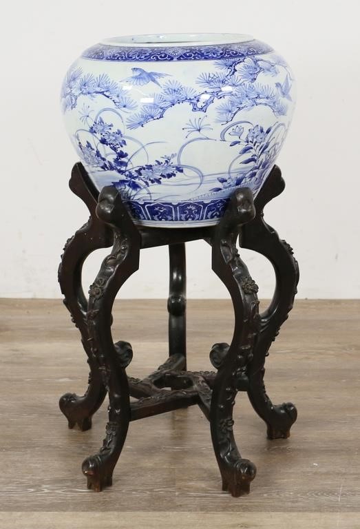 Appraisal: Japanese blue and white fish bowl on rosewood stand th