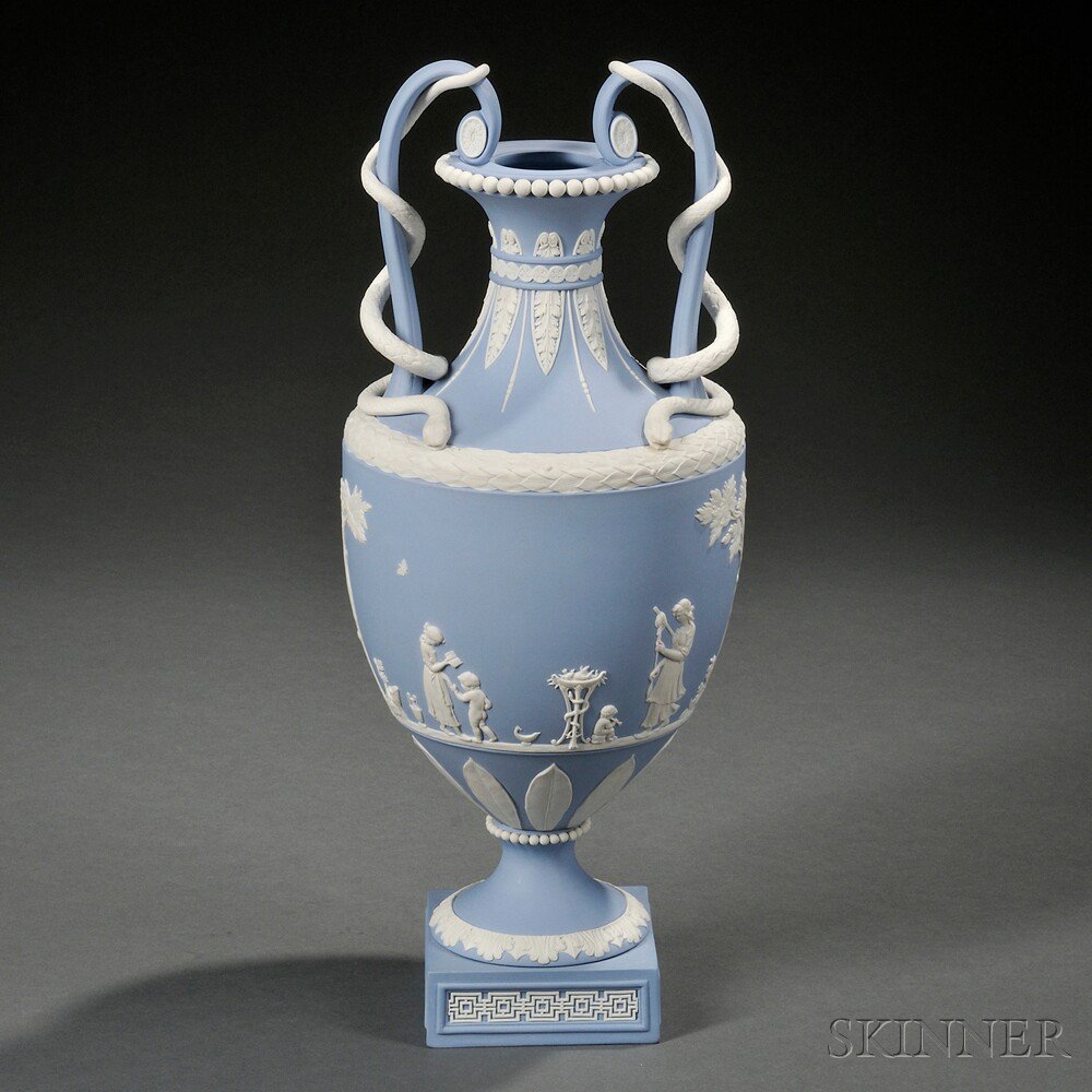 Appraisal: Modern Wedgwood Solid Light Blue Jasper Snake-handle Vase England late