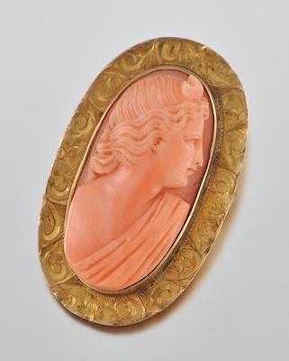 Appraisal: A Carved Coral Cameo in Gold Frame Carved coral cameo