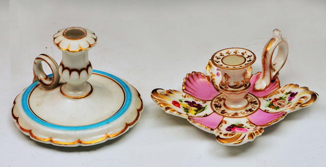 Appraisal: English porcelain chamberstickcirca alternating pink and painted panels possibly Coalport