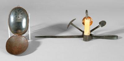 Appraisal: Two lighting devices wrought iron spiked candle socket hanger flanked