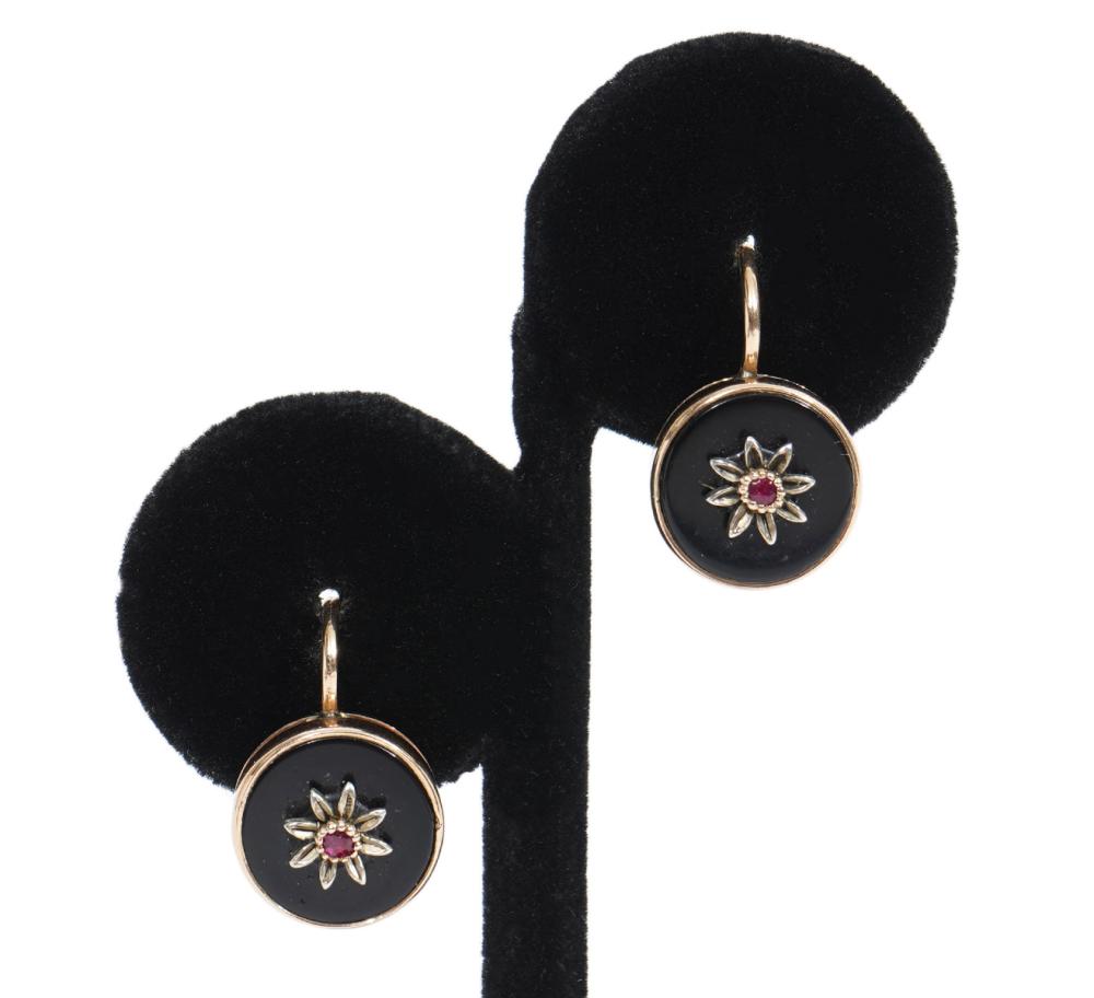 Appraisal: PR RUBY ONYX PIERCED EARRINGS IN K YG WGPair of