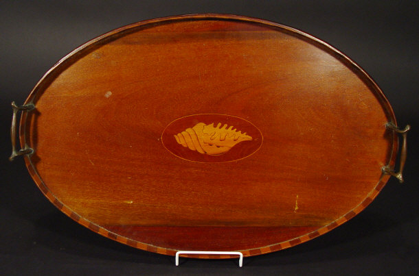 Appraisal: Edwardian oval mahogany gallery tray with shell inlay to the