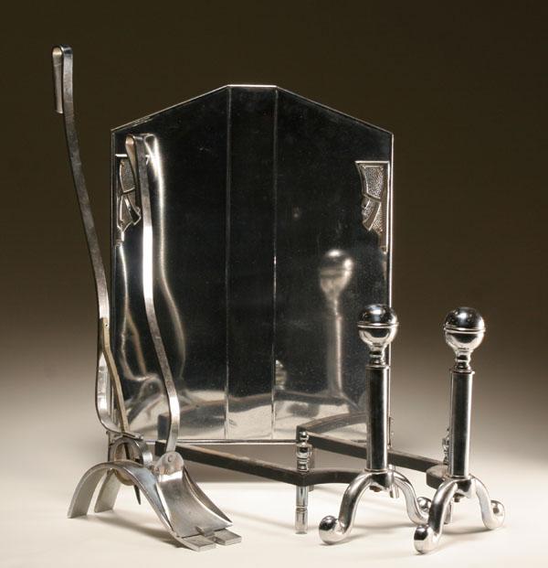 Appraisal: Art Deco chrome fireplace set including a screen with applied