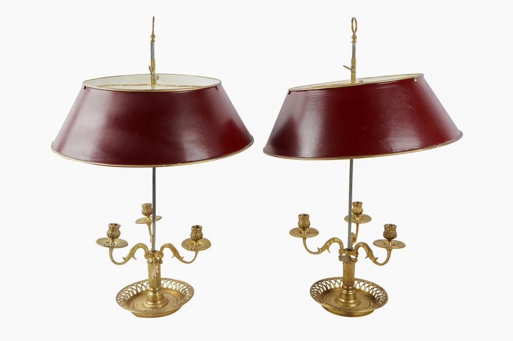 Appraisal: PAIR OF GILT METAL BOUILLOTTE LAMPSwith burgundy tole shades each