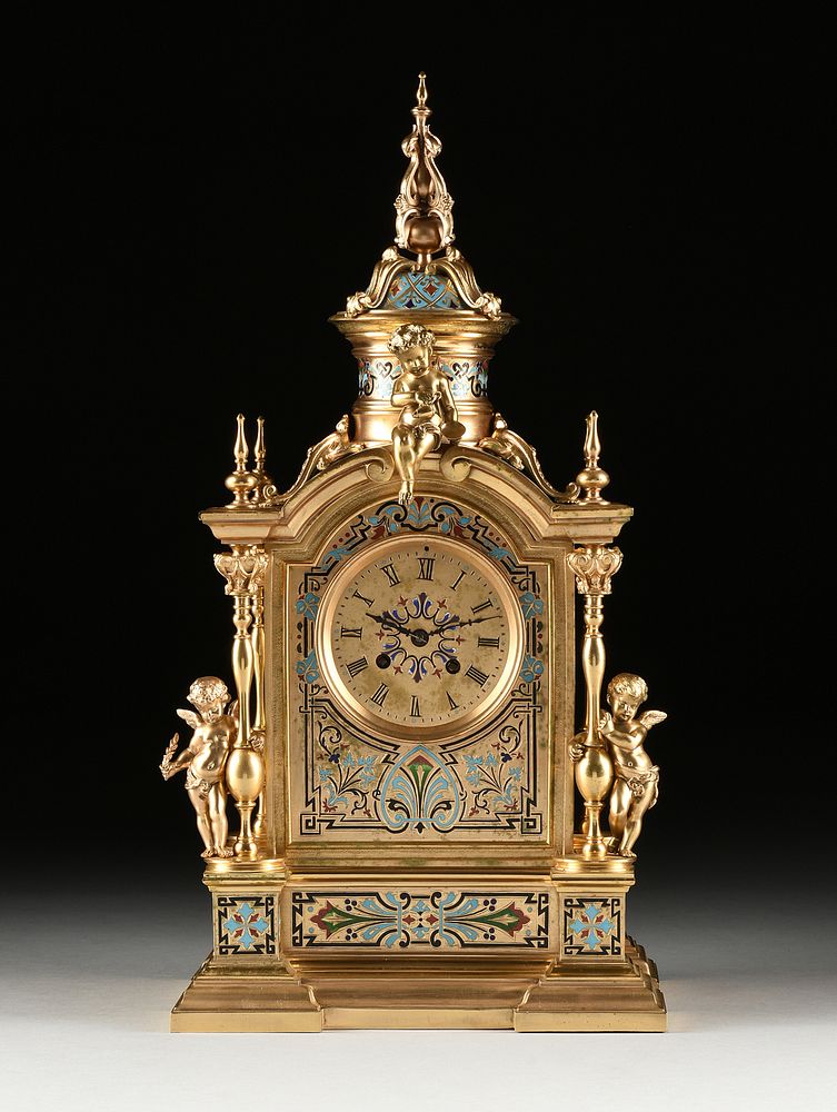 Appraisal: A NAPOLEON III CHAMPLEVE ENAMELED GILT BRONZE MANTLE CLOCK MID