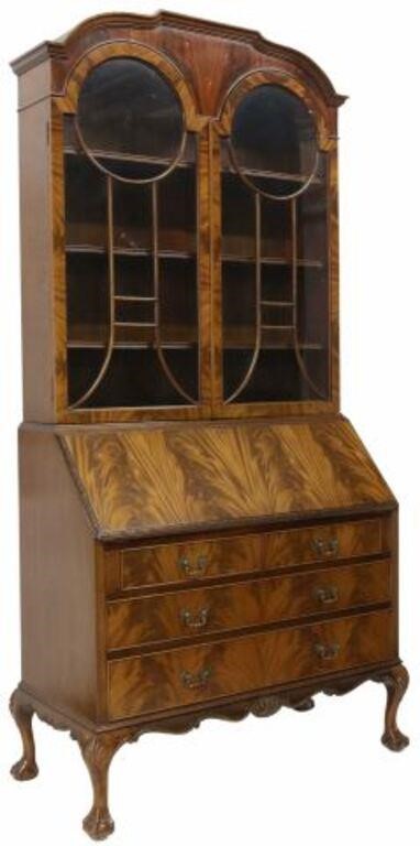 Appraisal: English Georgian style flame mahogany secretary bookcase th c molded