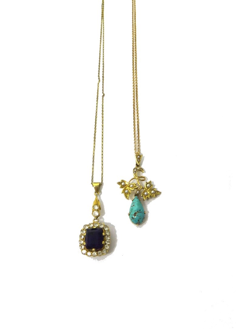 Appraisal: A gold turquoise and seed pearl set pendant with a