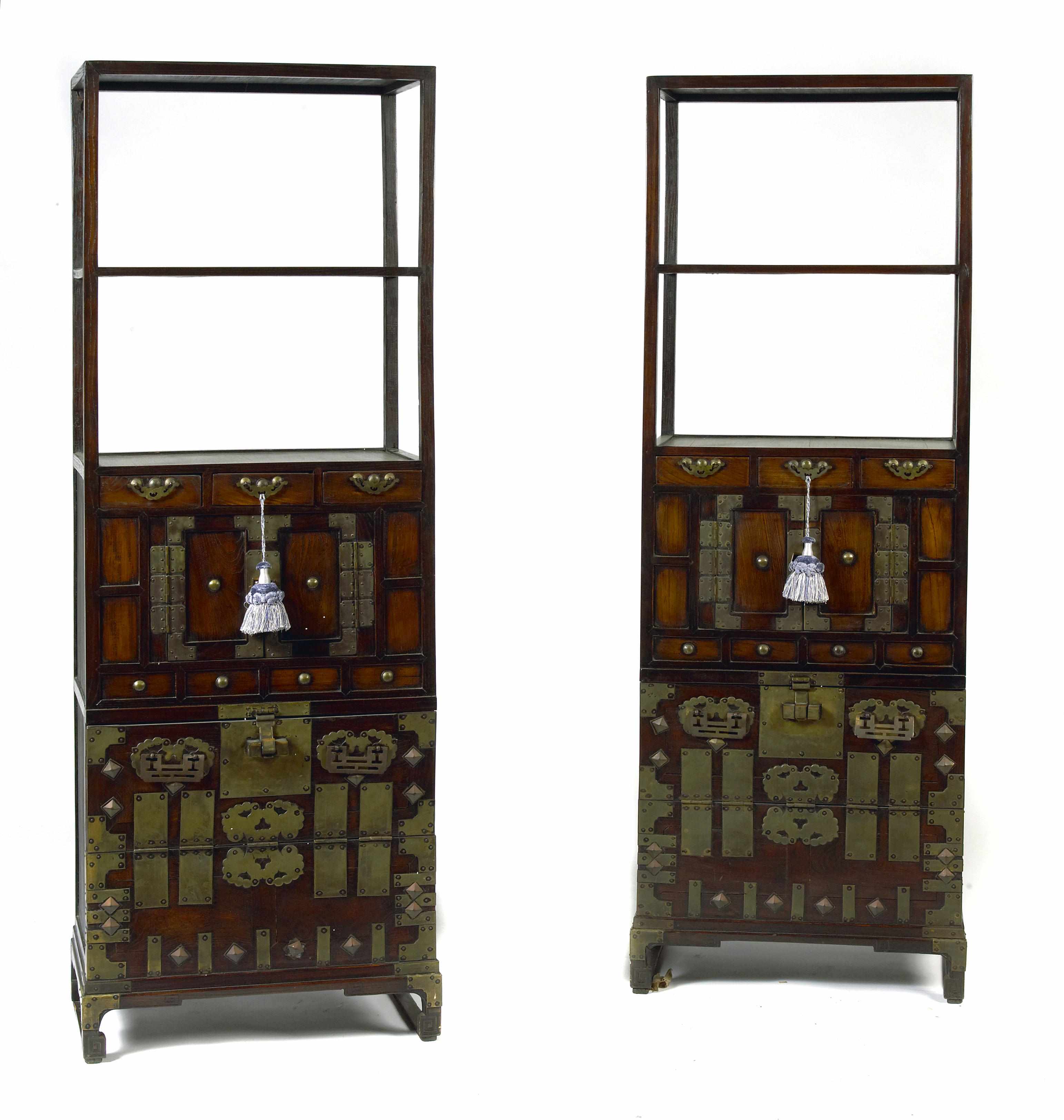 Appraisal: A Pair of Korean brass-mounted elm Bandaji Meiji period height