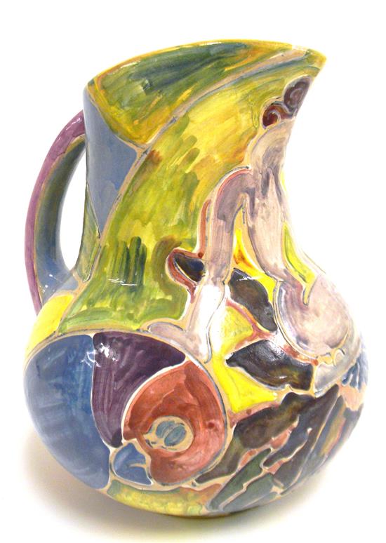 Appraisal: Shearwater art pottery pitcher with polychrome abstract figure and bird