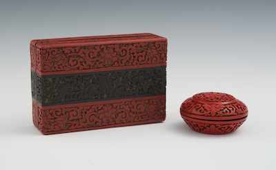 Appraisal: Two Cinnabar Boxes First a rectangular cinnabar box with lift-off