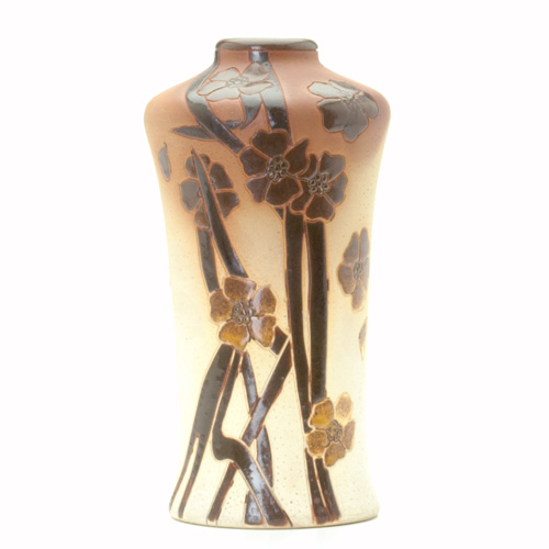 Appraisal: ROSEVILLE FUJIYAMA Vase enamel-decorated with brown cinquefoils on bisque-fired ground