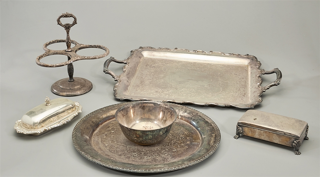 Appraisal: Seventeen silver plate articles including a decanter holder wood-lined footed